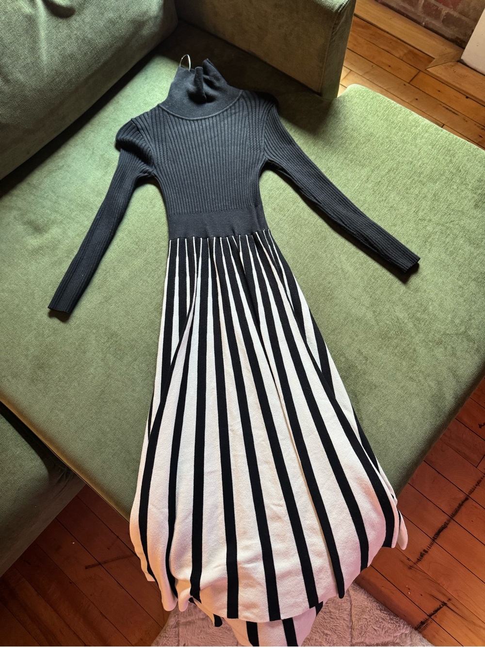Ribbed Turtleneck Long Sleeve Sweater Dress in Black and White